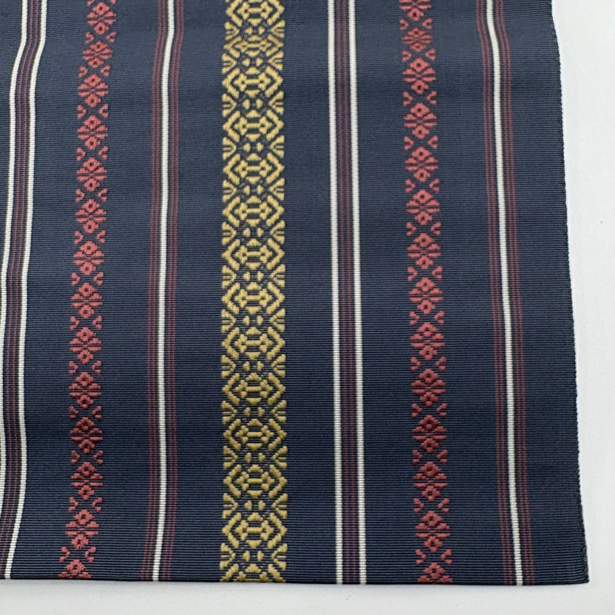 【美品】 名古屋帶 逸品級 八寸名古屋帶 松樹葉仕立 雜紋 幾何圖案 深藍黑 純蠶絲