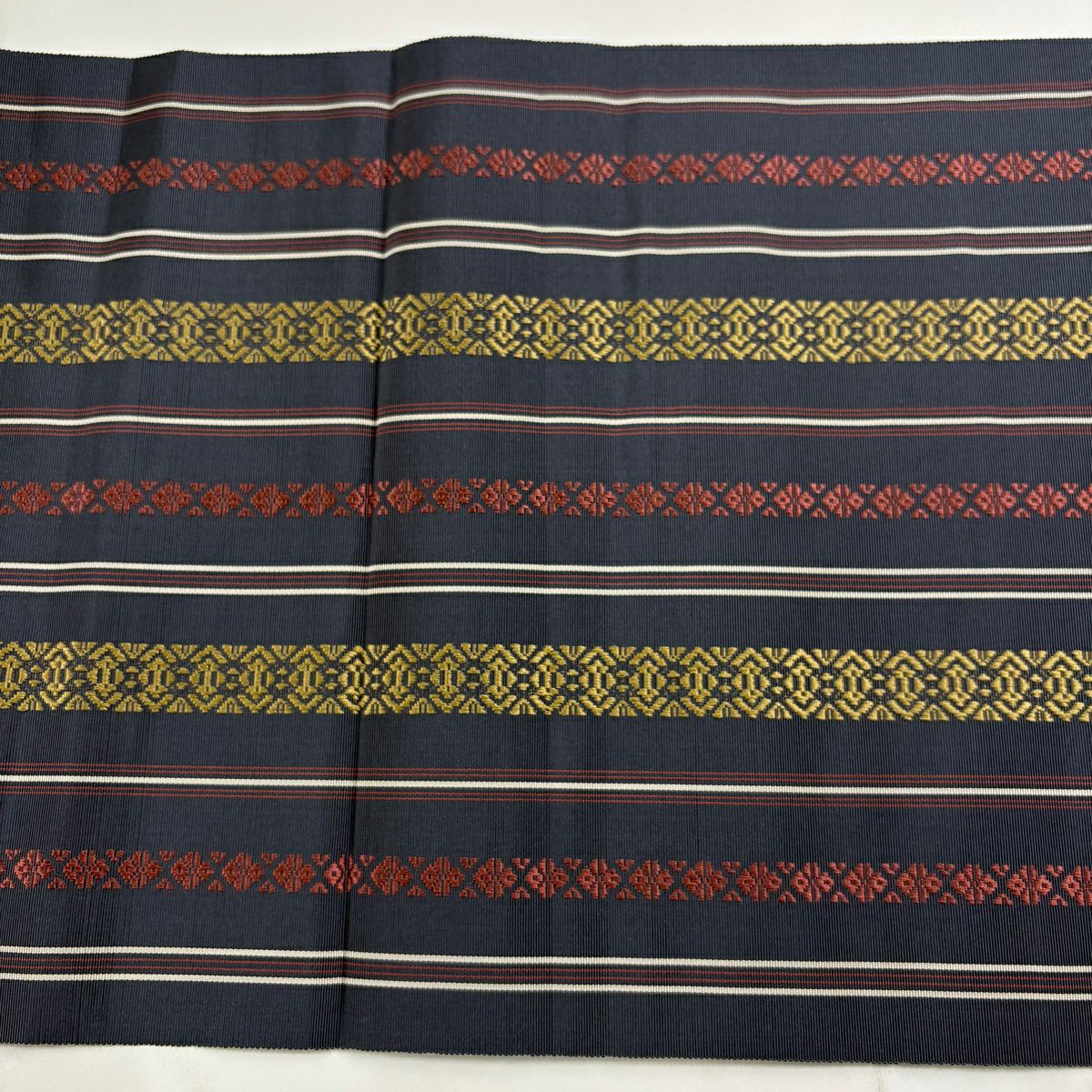 【美品】 名古屋帶 逸品級 八寸名古屋帶 松樹葉仕立 雜紋 幾何圖案 深藍黑 純蠶絲