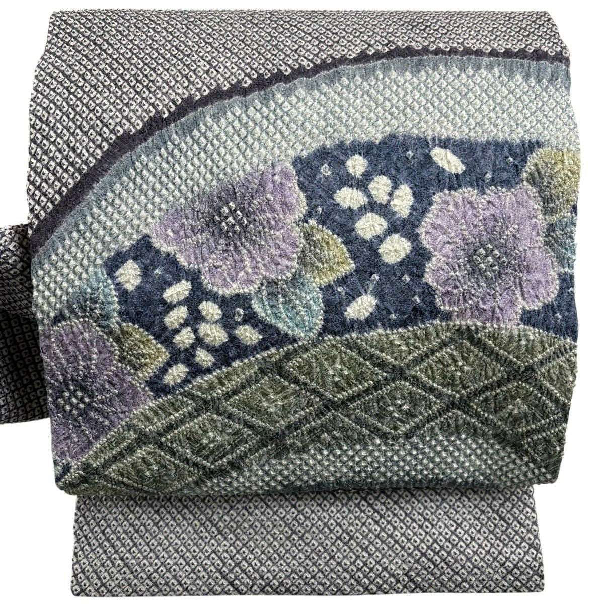 【美品】名古屋帶 逸品級 草花紋紋 菱形 絞染 青紫 純蠶絲