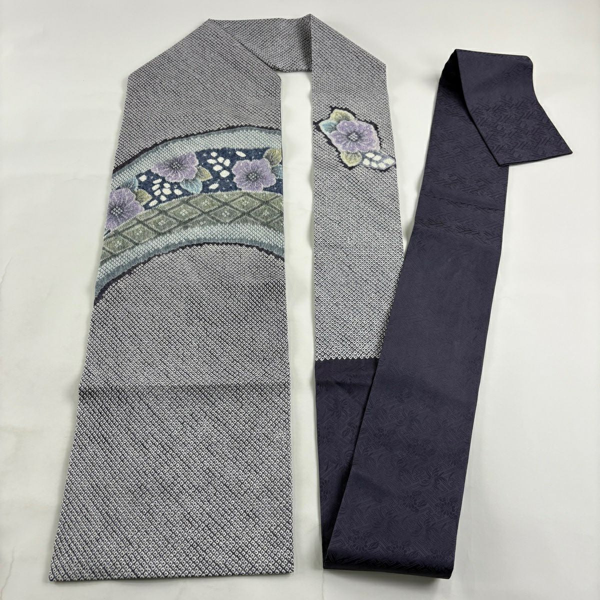 【美品】名古屋帶 逸品級 草花紋紋 菱形 絞染 青紫 純蠶絲