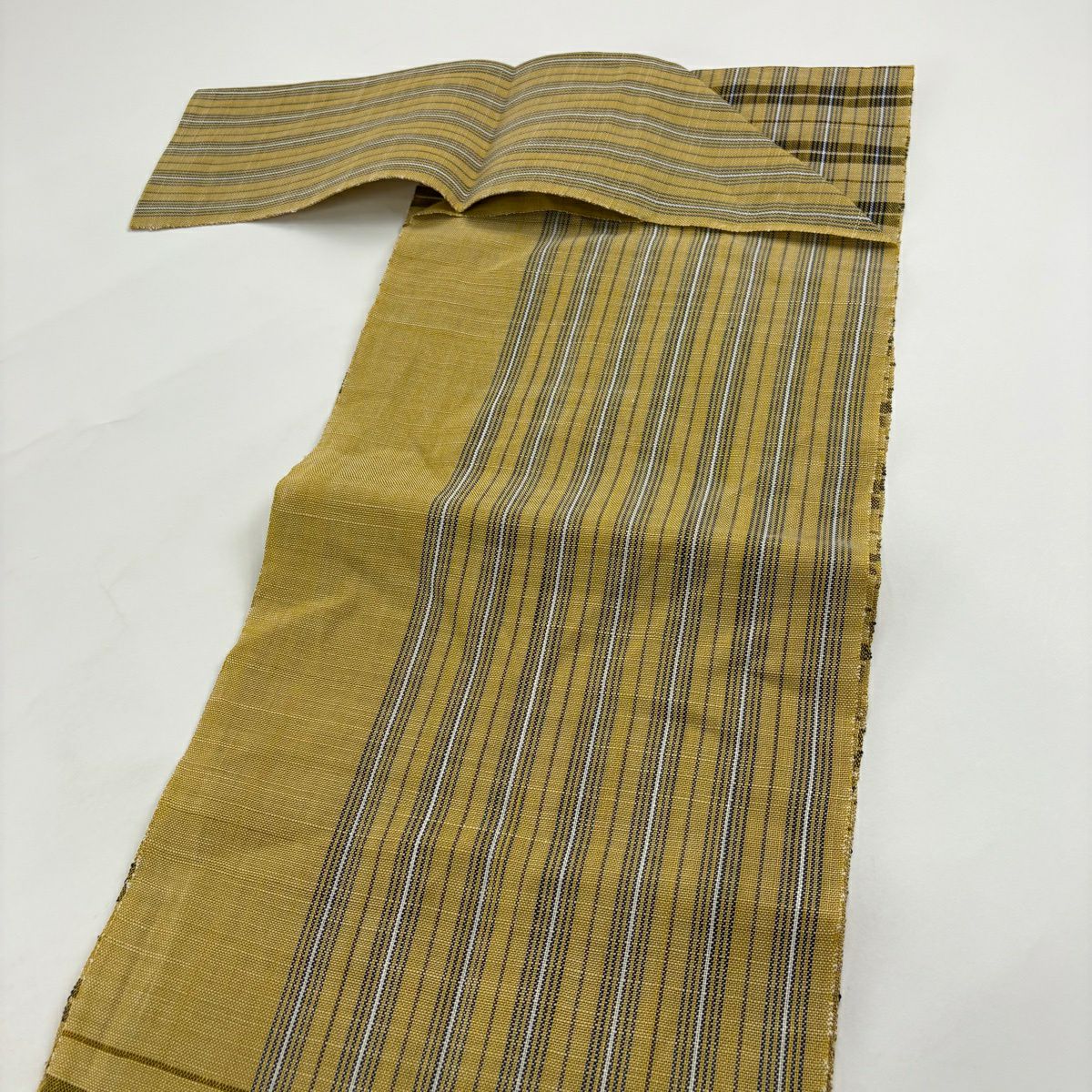 【美品】名古屋帶 逸品級 夏帶 八寸名古屋帶 松樹葉仕立 紬織織 格子 薄黃土 純蠶絲