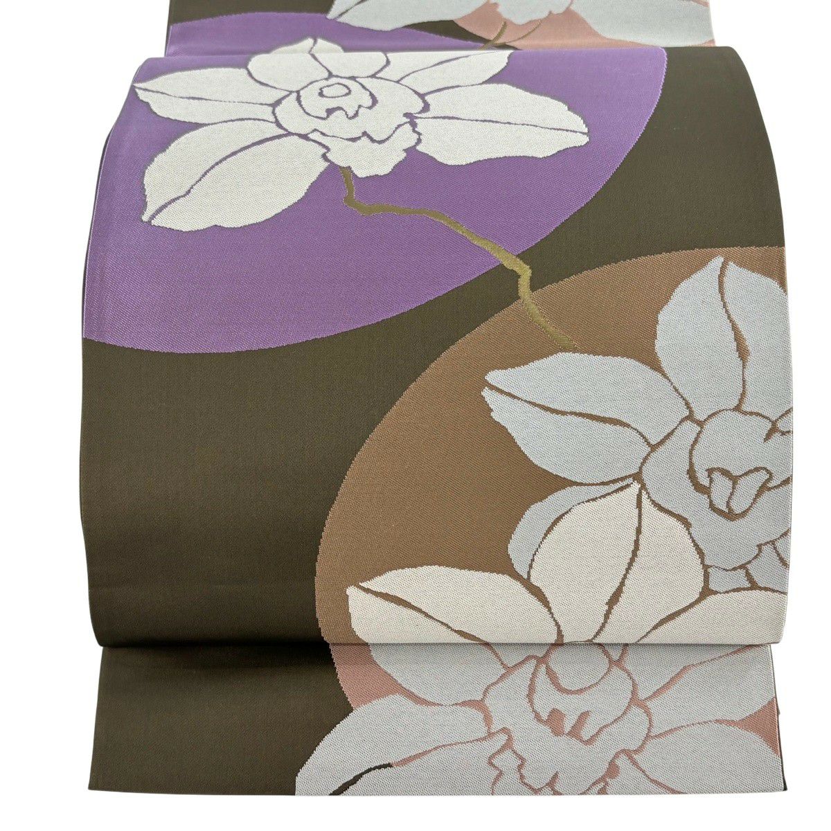 【美品】 袋帶 逸品級 辻村ジュサブロー 落款あり 枝花 焦茶 六通 純蠶絲