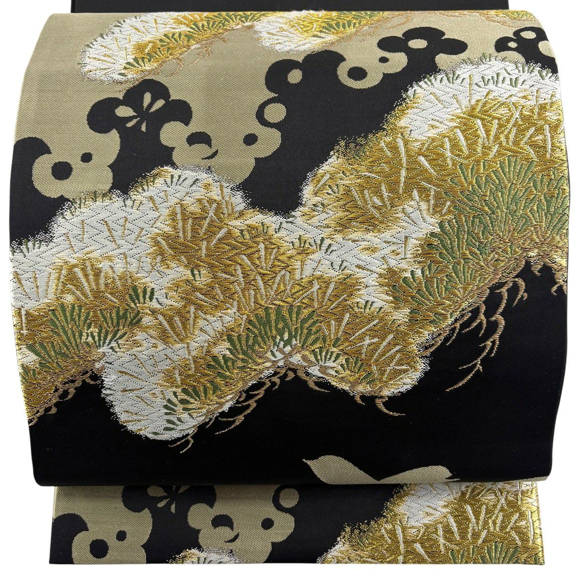 【美品】 袋帶 逸品級 上野為二 落款 松樹 唐織 金絲 黑 お太鼓圖案 純蠶絲