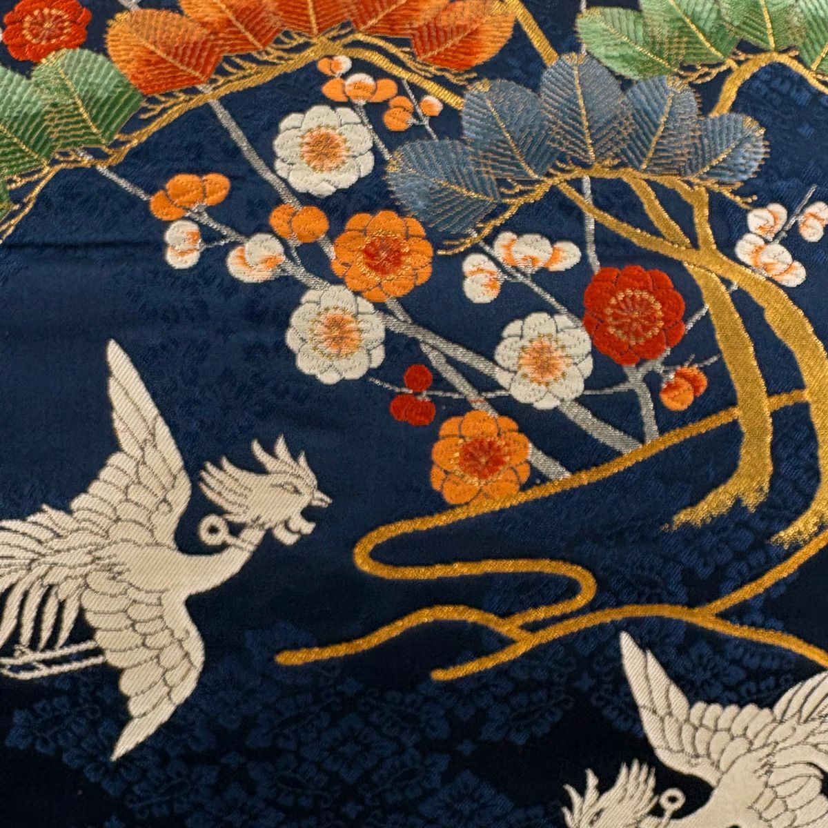 袋帶 逸品級 證書附帶 松樹竹子圖案 鳳凰 松樹梅花 唐織 金銀線 深藍色 六通 純蠶絲