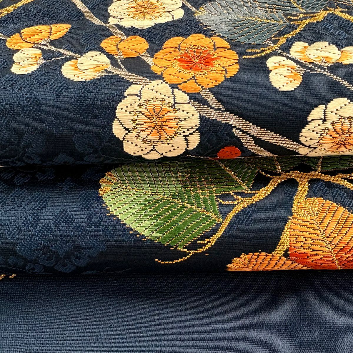 袋帶 逸品級 證書附帶 松樹竹子圖案 鳳凰 松樹梅花 唐織 金銀線 深藍色 六通 純蠶絲