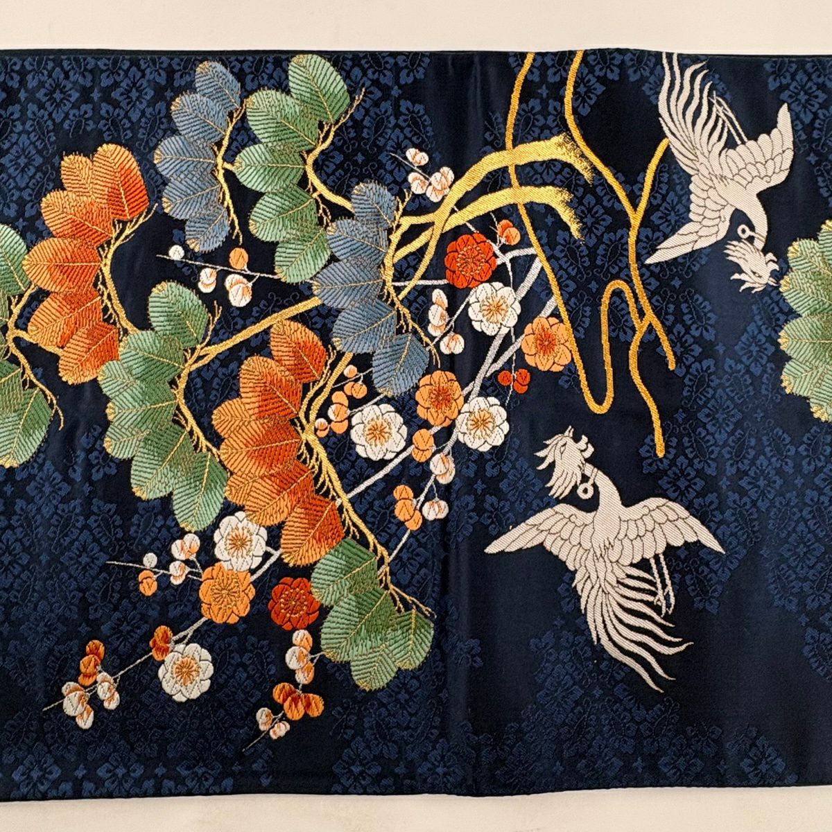 袋帶 逸品級 證書附帶 松樹竹子圖案 鳳凰 松樹梅花 唐織 金銀線 深藍色 六通 純蠶絲