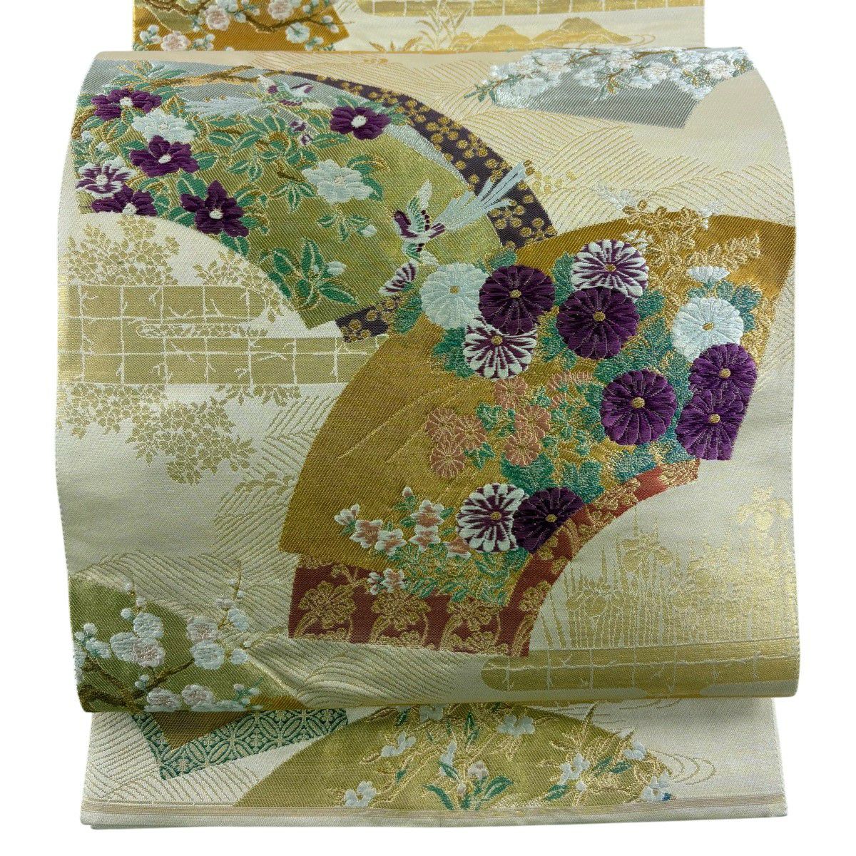 【美品】 袋帶 逸品級 じゅらく 落款あり 証紙あり 帝王紫 扇子面 花鳥 金糸 金金箔 米色 六通 純蠶絲