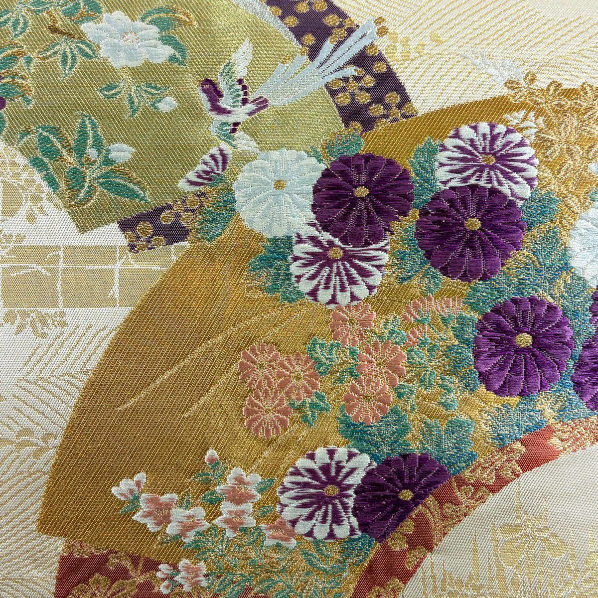 【美品】 袋帶 逸品級 じゅらく 落款あり 証紙あり 帝王紫 扇子面 花鳥 金糸 金金箔 米色 六通 純蠶絲