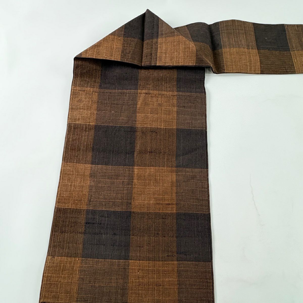 【美品】名古屋帶 逸品級 夏帶 格子 茶 純蠶絲