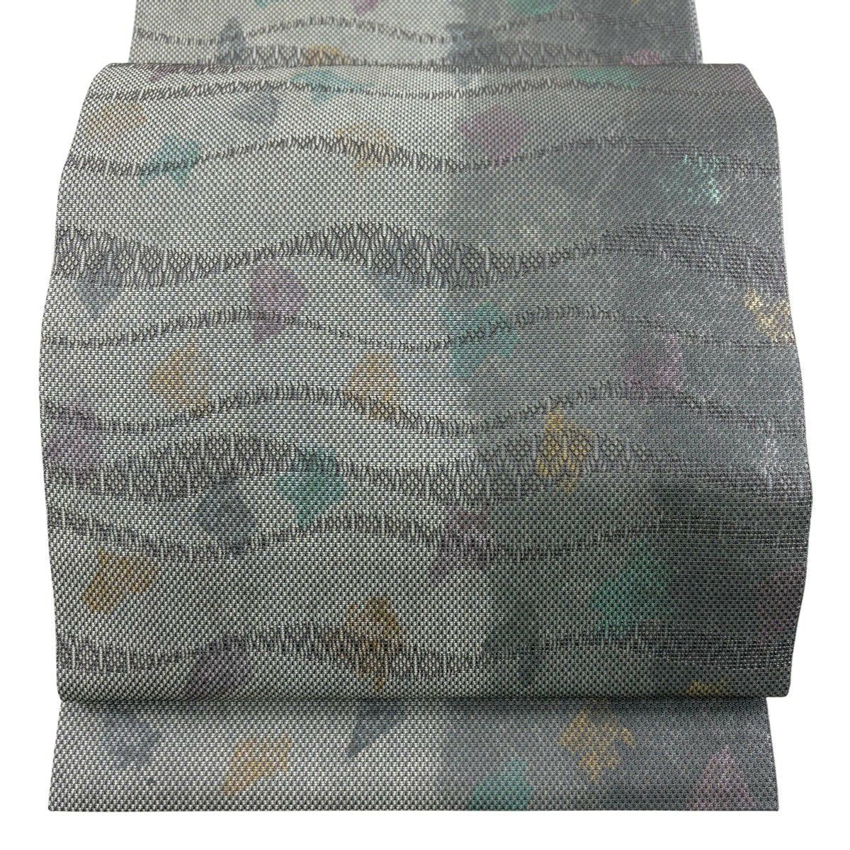 【美品】 袋帶 逸品級 證書齊全 よろけ縞 幾何學圖案 金金箔 灰 深藍 六通 純蠶絲