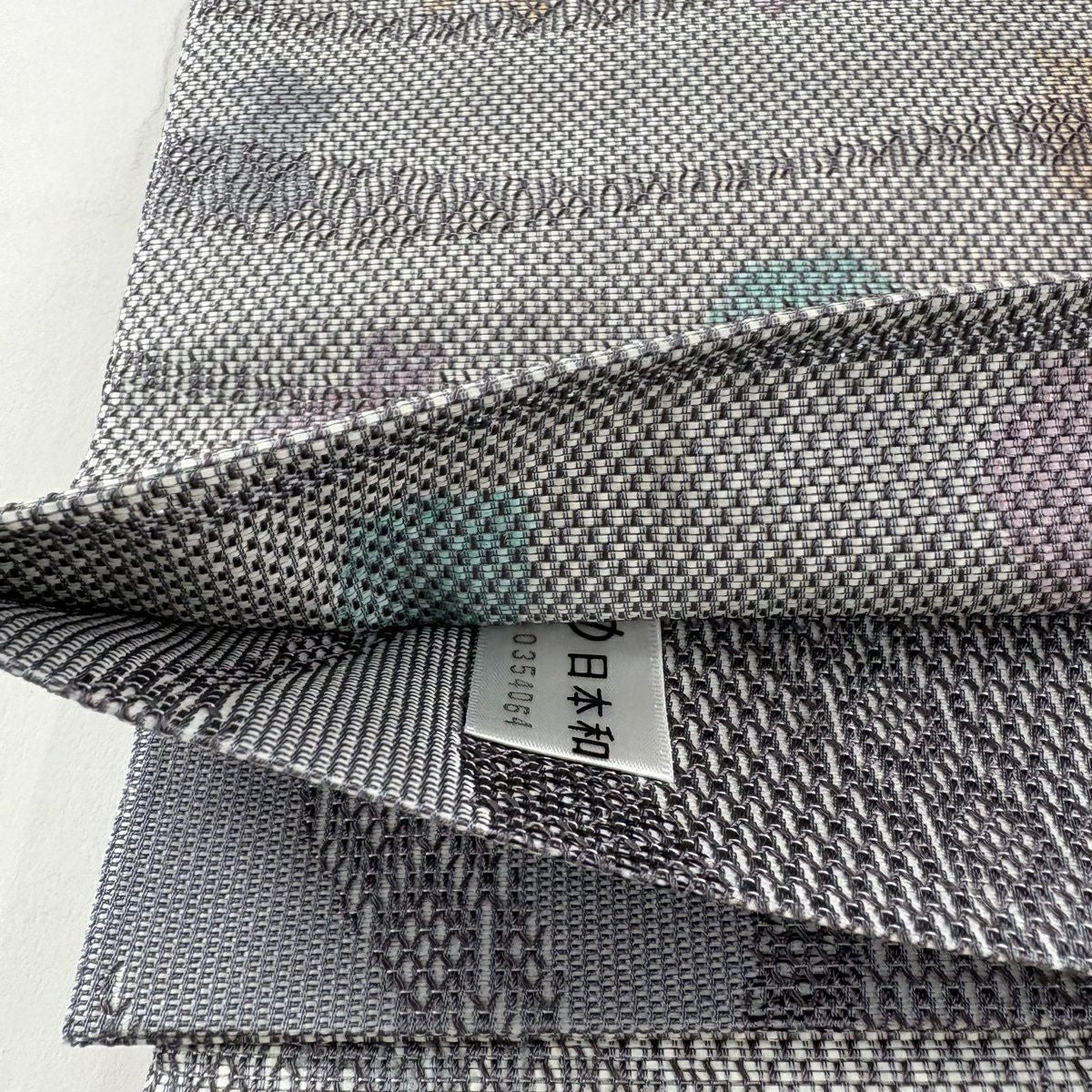 【美品】 袋帶 逸品級 證書齊全 よろけ縞 幾何學圖案 金金箔 灰 深藍 六通 純蠶絲