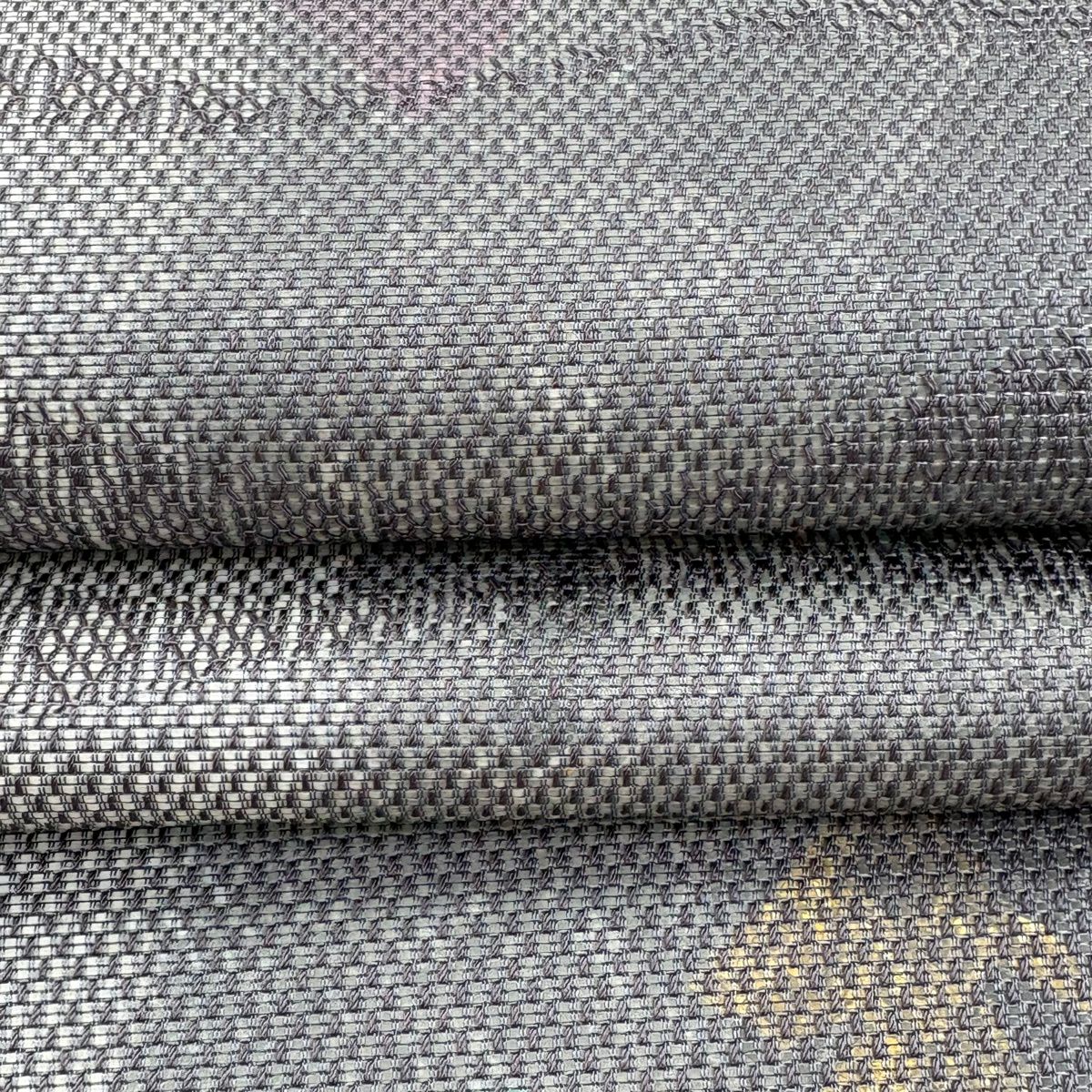 【美品】 袋帶 逸品級 證書齊全 よろけ縞 幾何學圖案 金金箔 灰 深藍 六通 純蠶絲