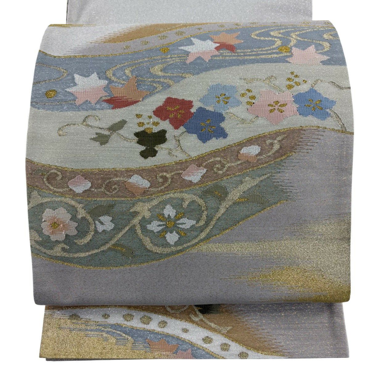 【美品】 袋帶 逸品級 草花紋紋 流水 金銀彩 灰色 お太鼓柄 純蠶絲