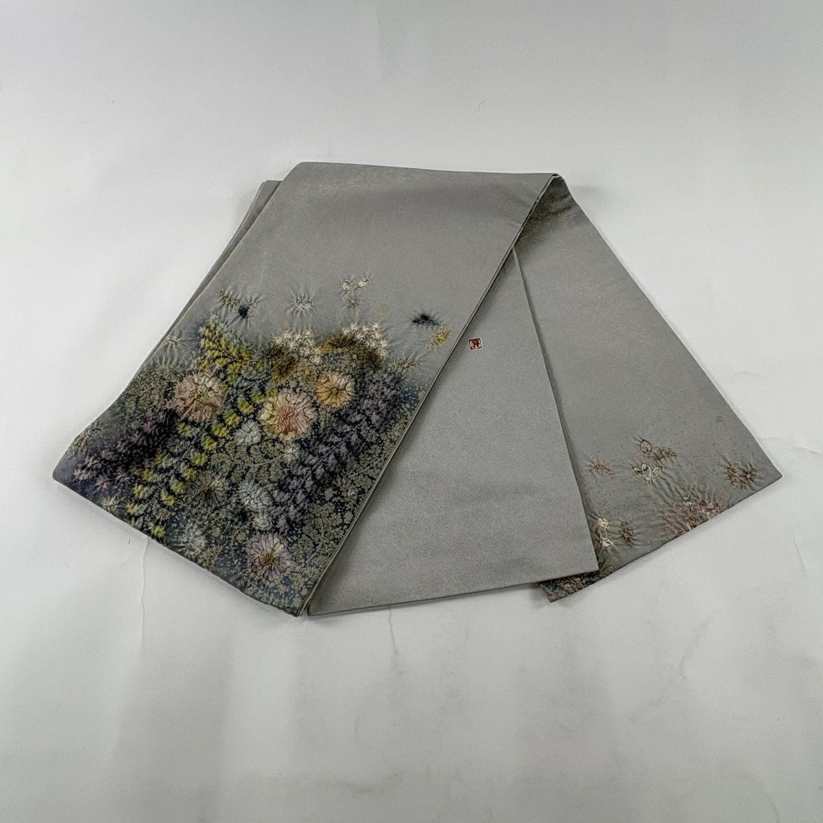 【美品】 袋帶 逸品級 吉乃一廉 落款あり 辻花染 金通 灰 深藍色 お太鼓柄 純蠶絲