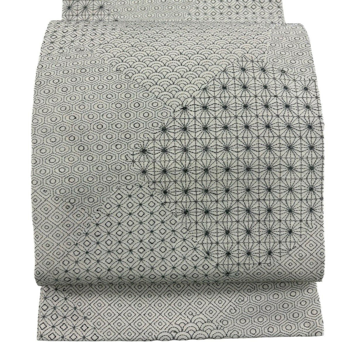 袋帶 逸品級 有職紋樣 青海波 刺繡 灰白 全通 純蠶絲