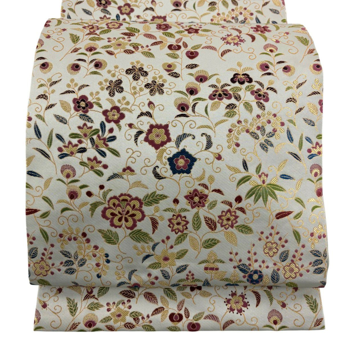 【美品】 袋帶 逸品級 龍村晋 落款 花唐草紋 金金箔 灰色 全通 純蠶絲