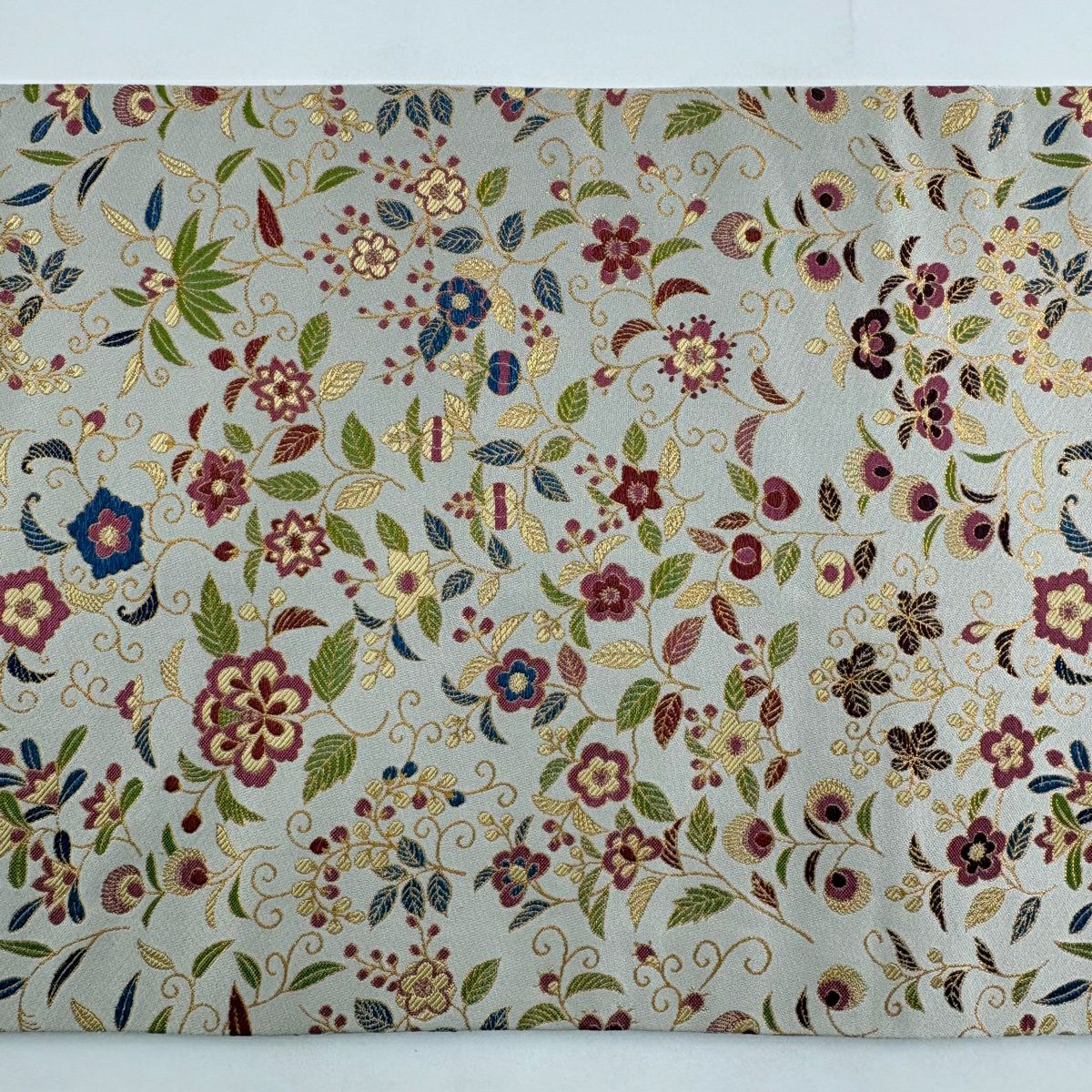 【美品】 袋帶 逸品級 龍村晋 落款 花唐草紋 金金箔 灰色 全通 純蠶絲