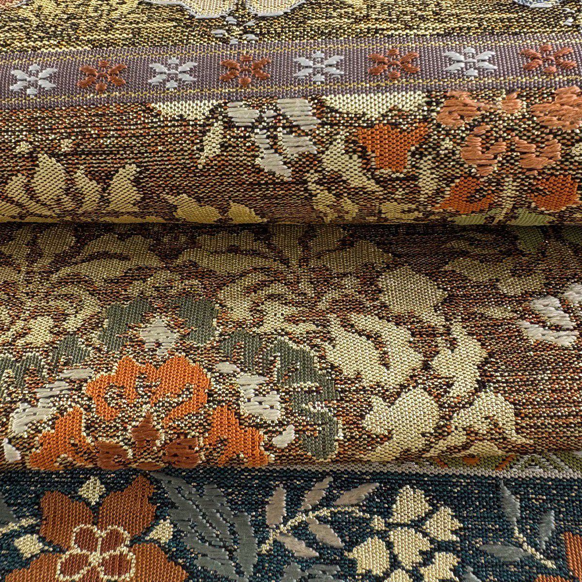 【美品】 袋帶 逸品級 河村織物 附落款 段紋 草花紋紋 銀線 金金箔 黃土色 六通 純蠶絲