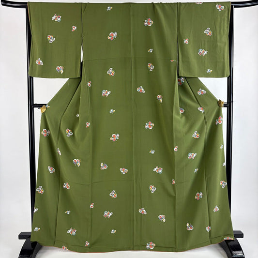 小紋 身長167cm 袖長66cm M 雙層 花 よもぎ 綠 純蠶絲 秀品級