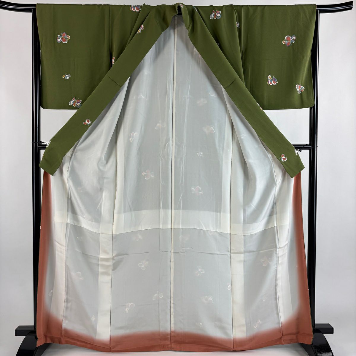 小紋 身長167cm 袖長66cm M 雙層 花 よもぎ 綠 純蠶絲 秀品級