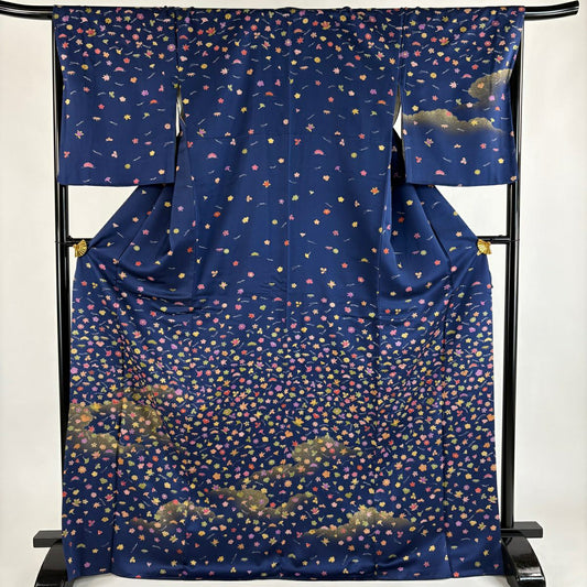 【美品】訪問服 身長171cm 袖長68cm L 雙層 吹寄 雲紋 金彩裝飾 深藍 純蠶絲 秀品級