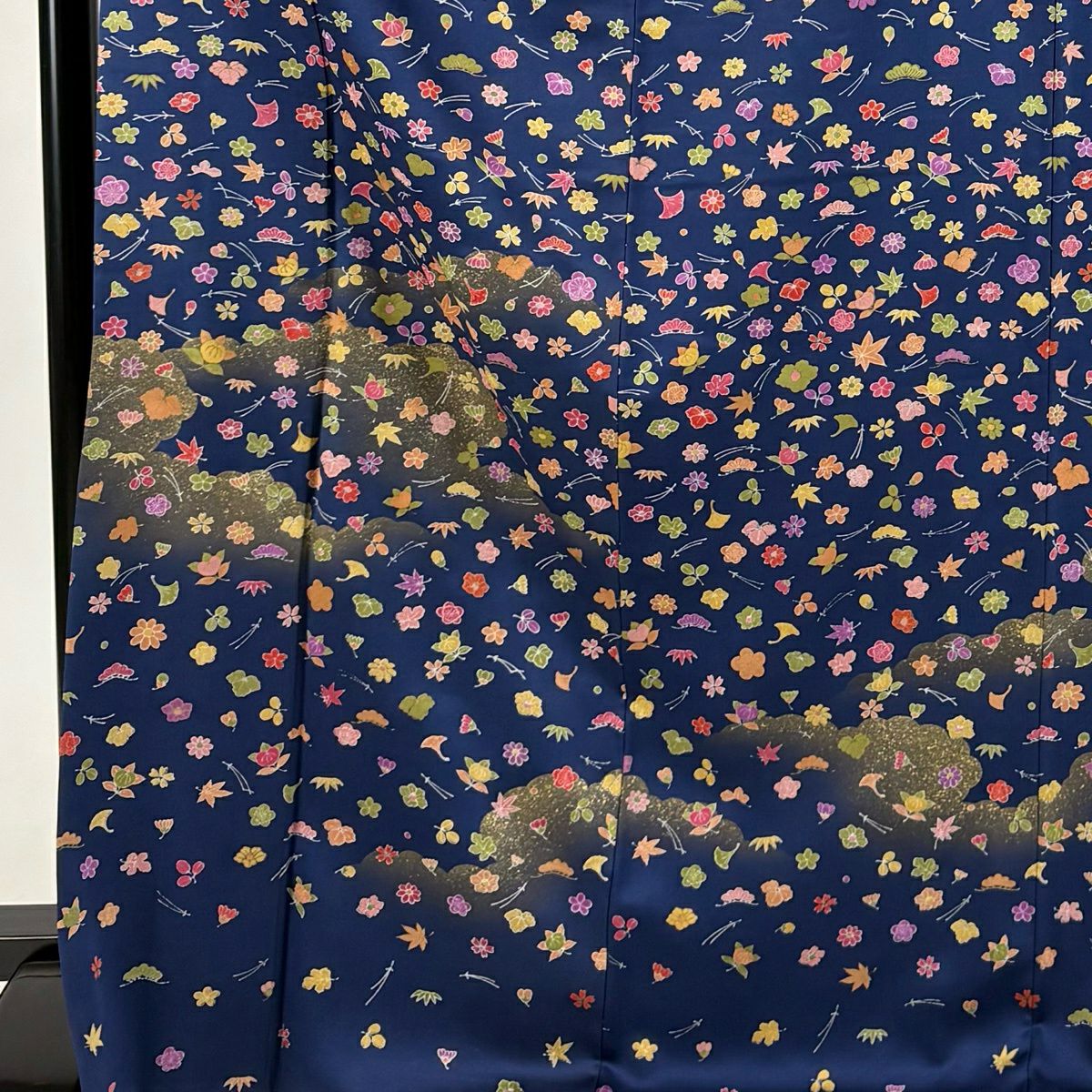 【美品】訪問服 身長171cm 袖長68cm L 雙層 吹寄 雲紋 金彩裝飾 深藍 純蠶絲 秀品級