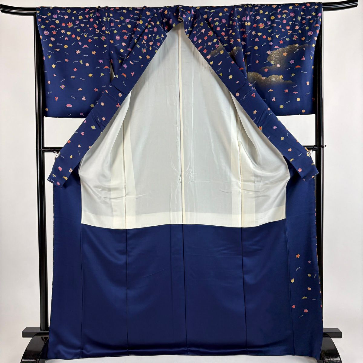 【美品】訪問服 身長171cm 袖長68cm L 雙層 吹寄 雲紋 金彩裝飾 深藍 純蠶絲 秀品級
