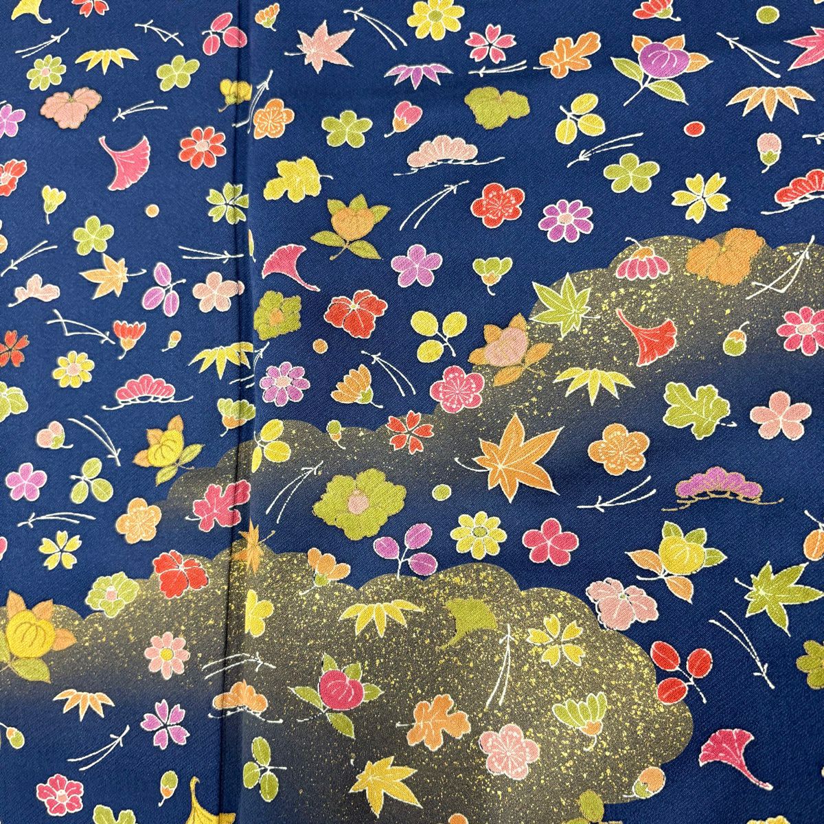 【美品】訪問服 身長171cm 袖長68cm L 雙層 吹寄 雲紋 金彩裝飾 深藍 純蠶絲 秀品級