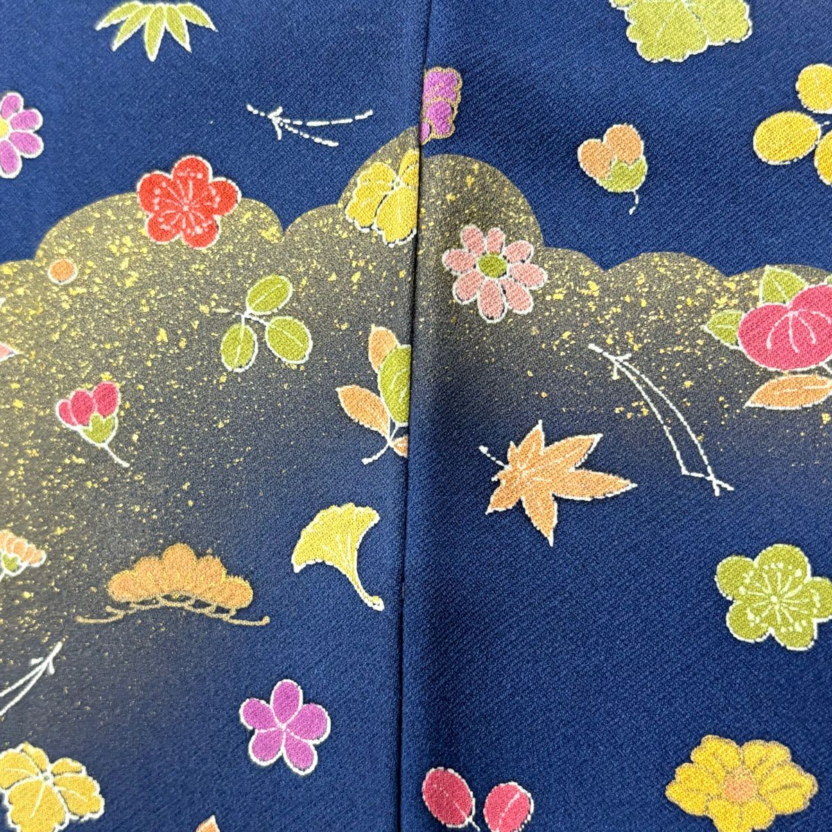 【美品】訪問服 身長171cm 袖長68cm L 雙層 吹寄 雲紋 金彩裝飾 深藍 純蠶絲 秀品級