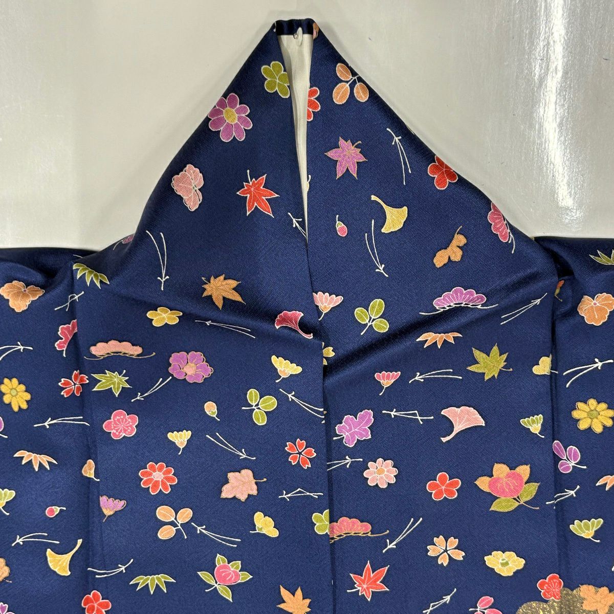 【美品】訪問服 身長171cm 袖長68cm L 雙層 吹寄 雲紋 金彩裝飾 深藍 純蠶絲 秀品級