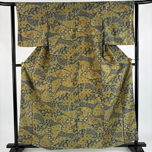 【美品】 小紋 身長161cm 袖長62cm S 雙層 紬織織 草花紋紋 幾何學圖案 艾草綠 純蠶絲 優品級