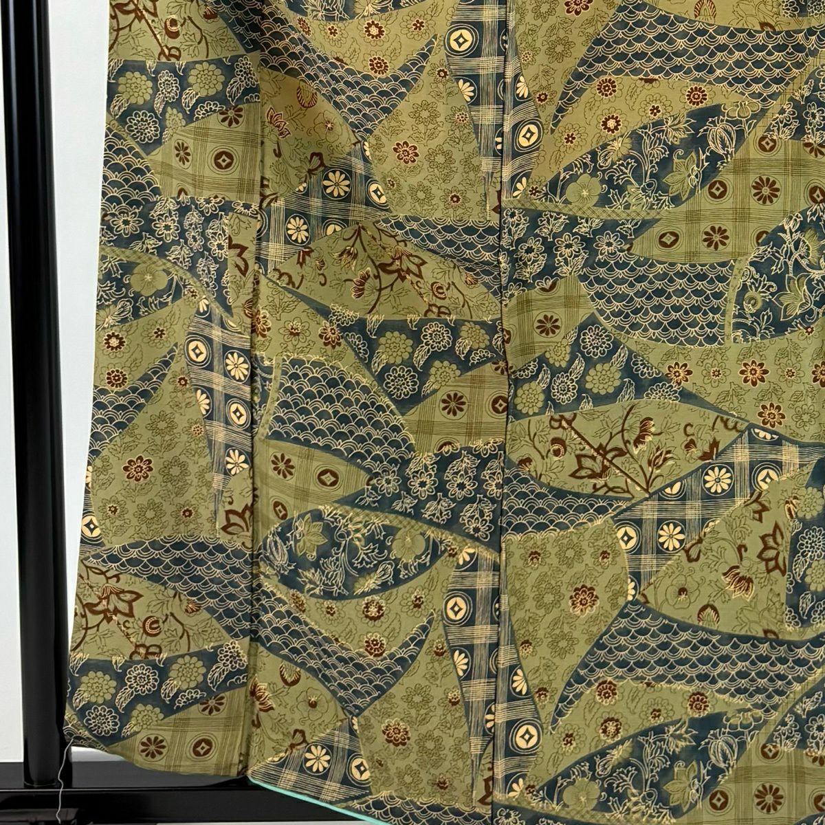 【美品】 小紋 身長161cm 袖長62cm S 雙層 紬織織 草花紋紋 幾何學圖案 艾草綠 純蠶絲 優品級