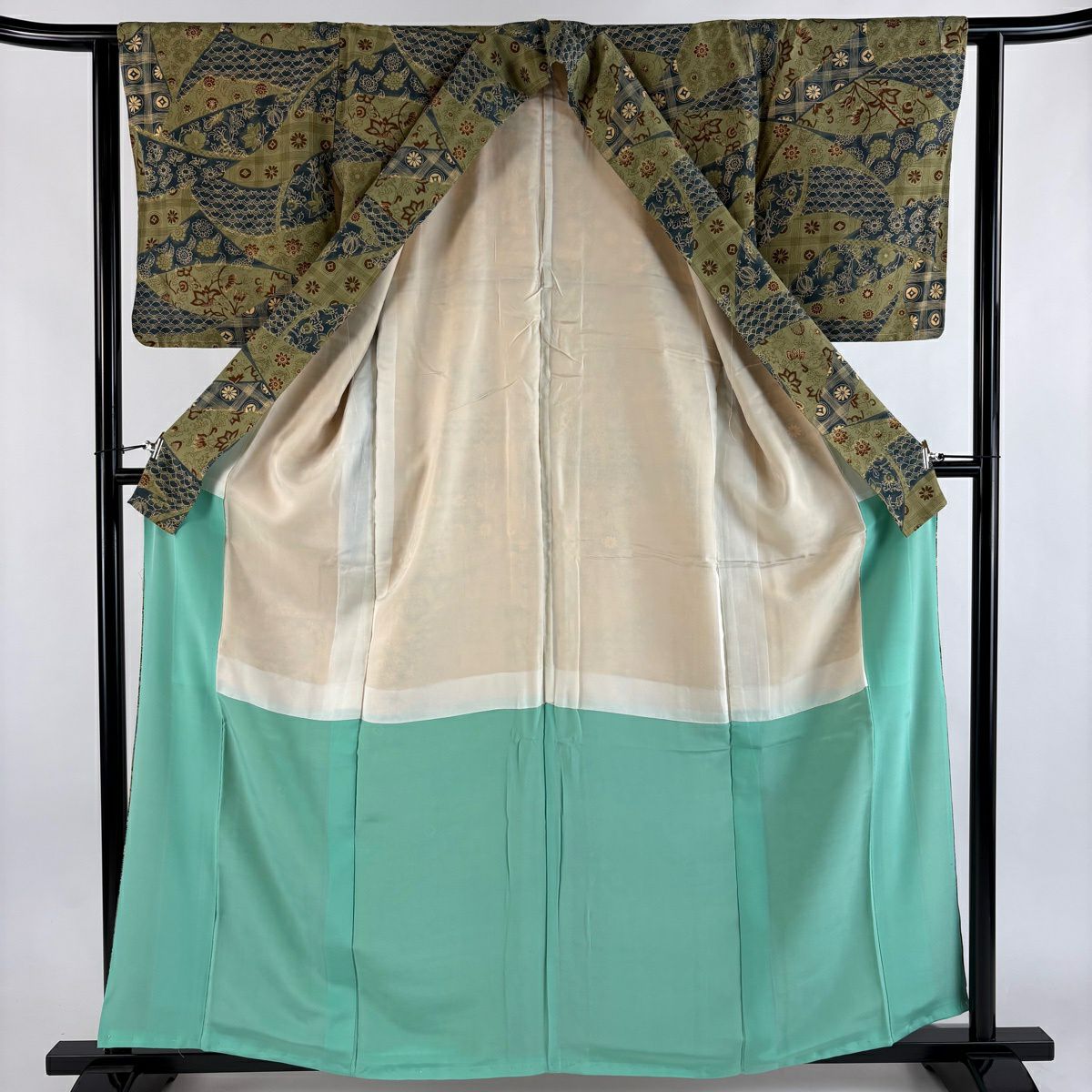 【美品】 小紋 身長161cm 袖長62cm S 雙層 紬織織 草花紋紋 幾何學圖案 艾草綠 純蠶絲 優品級