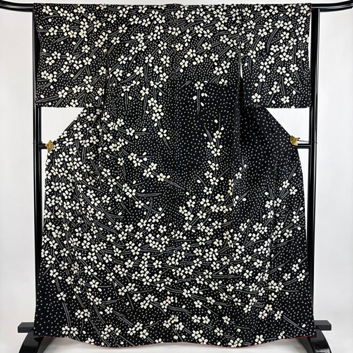 【美品】訪問服 身長164cm 袖長65cm M 雙層 草花紋紋 絞染 黑 純蠶絲 秀品級