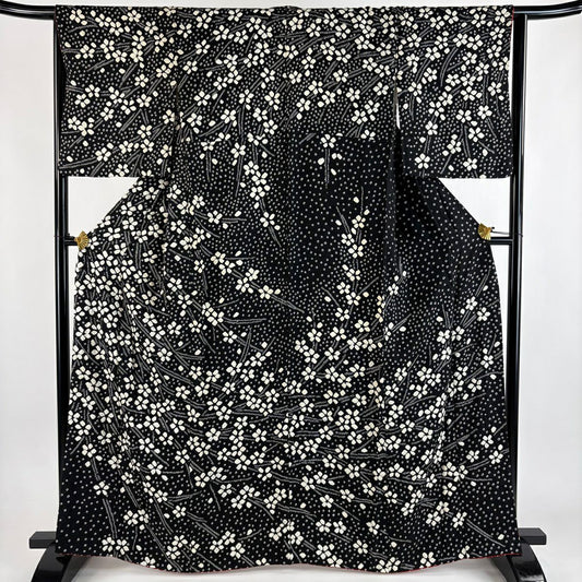 【美品】訪問服 身長164cm 袖長65cm M 雙層 草花紋紋 絞染 黑 純蠶絲 秀品級