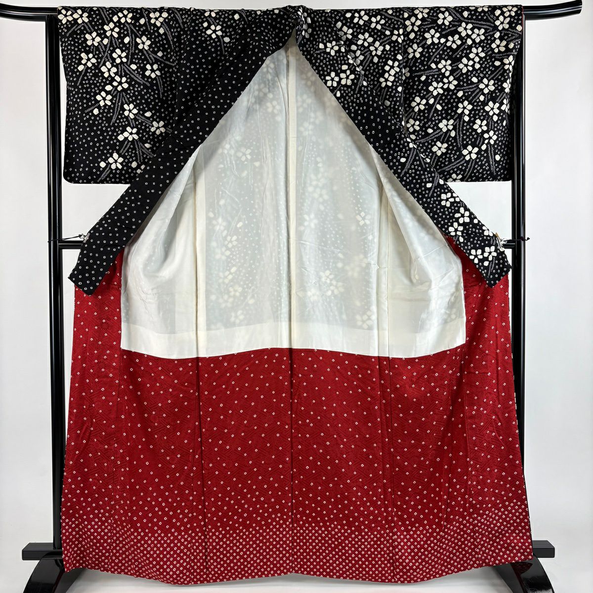 【美品】訪問服 身長164cm 袖長65cm M 雙層 草花紋紋 絞染 黑 純蠶絲 秀品級