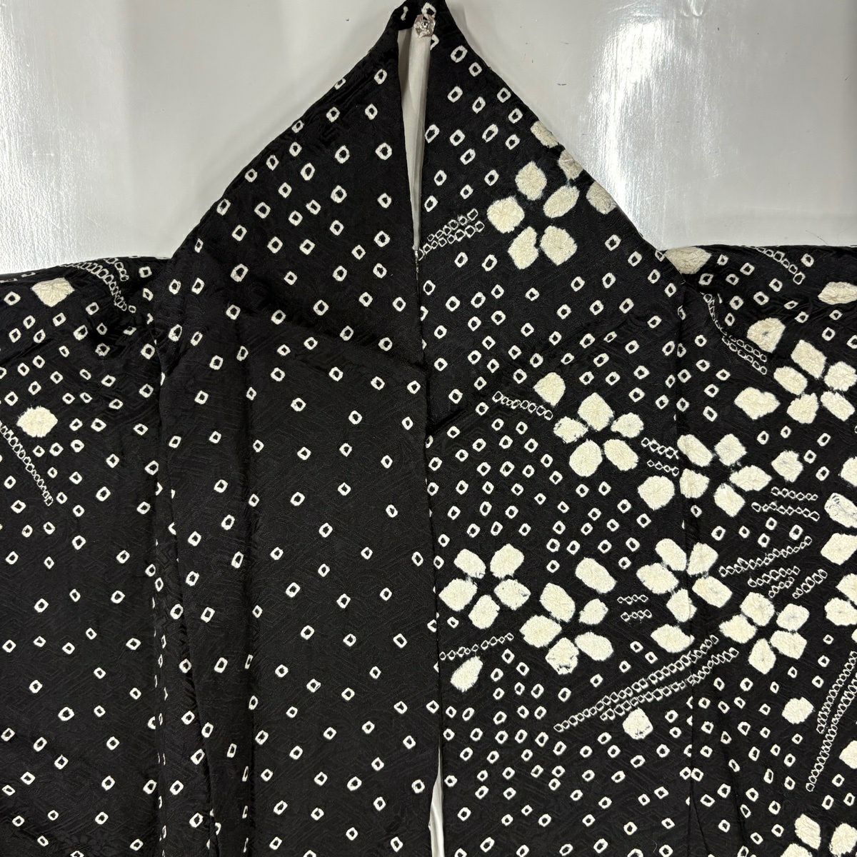 【美品】訪問服 身長164cm 袖長65cm M 雙層 草花紋紋 絞染 黑 純蠶絲 秀品級