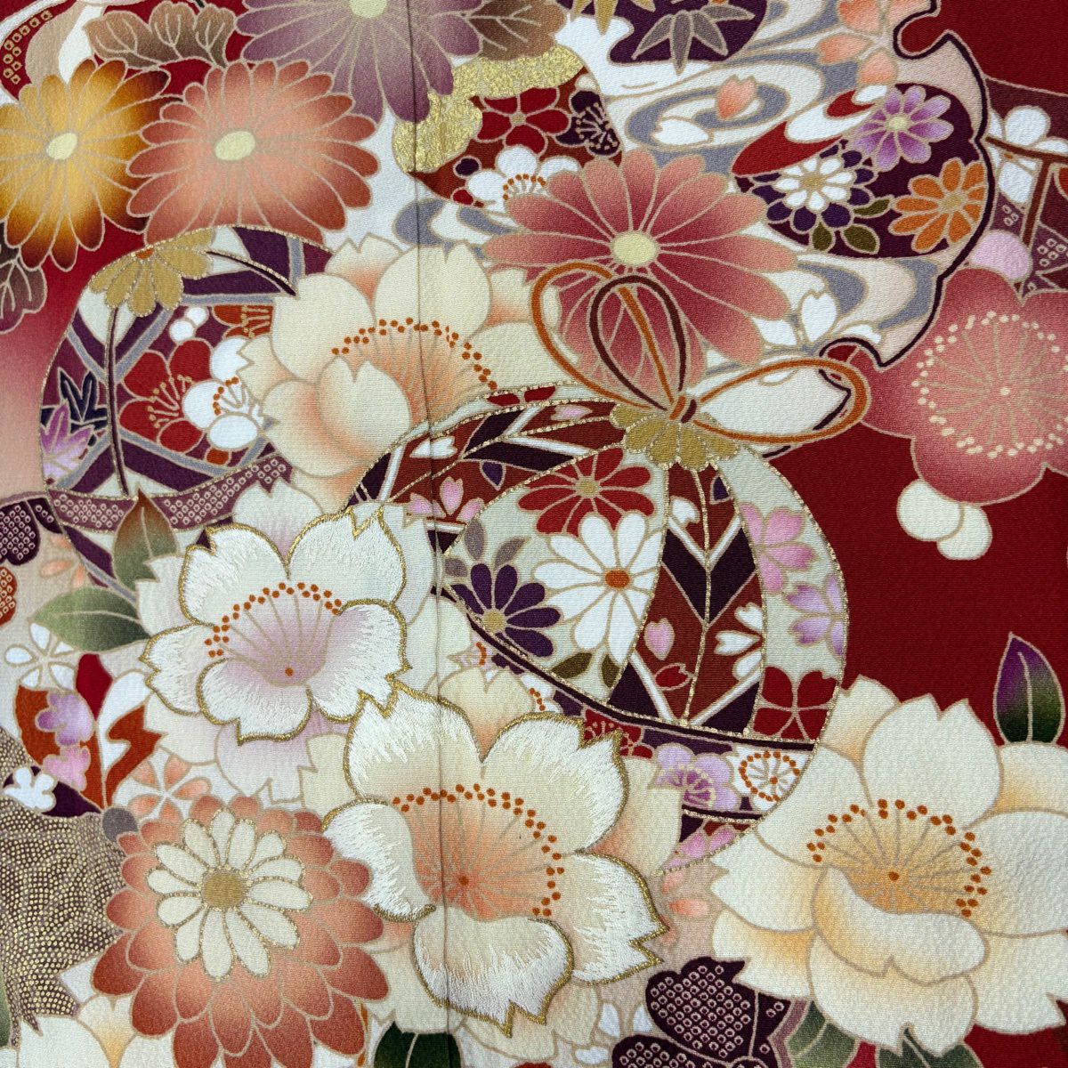 振袖禮服 身長166cm 袖長68cm L 雙層 手鞠 枝梅花 刺繡 金彩裝飾 紅 純蠶絲 秀品級