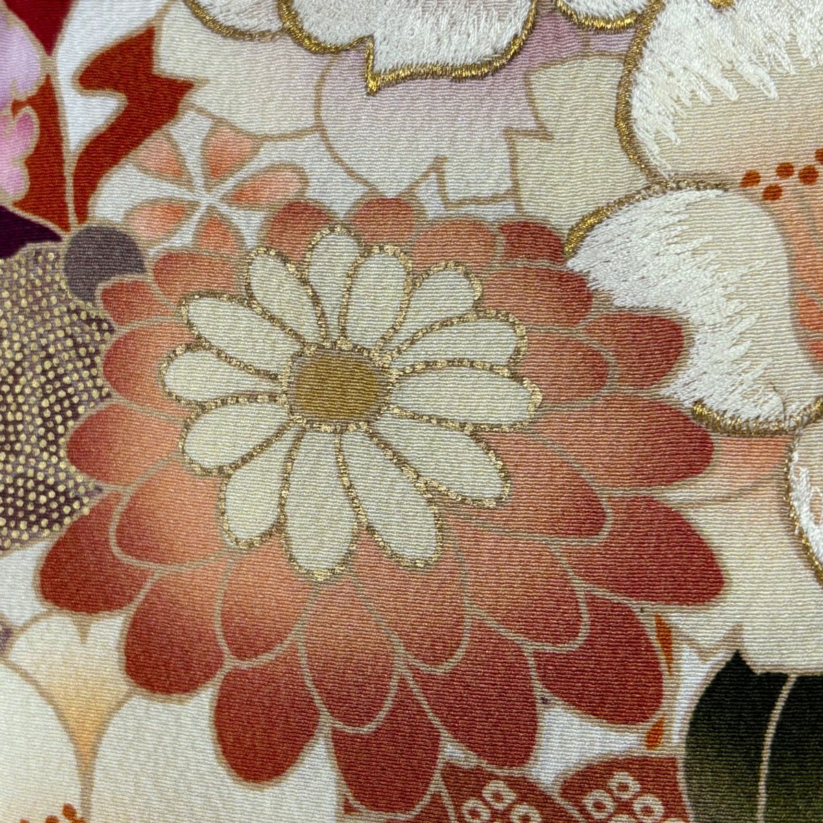 振袖禮服 身長166cm 袖長68cm L 雙層 手鞠 枝梅花 刺繡 金彩裝飾 紅 純蠶絲 秀品級