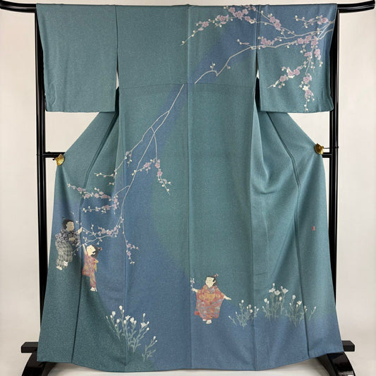 【美品】訪問服 身長164cm 袖長66cm M 雙層 關口遼一 落款 童 櫻花 漸層 青灰色 純蠶絲 優品級