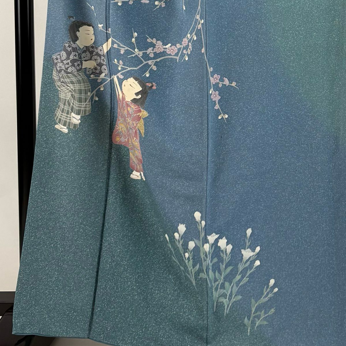 【美品】訪問服 身長164cm 袖長66cm M 雙層 關口遼一 落款 童 櫻花 漸層 青灰色 純蠶絲 優品級