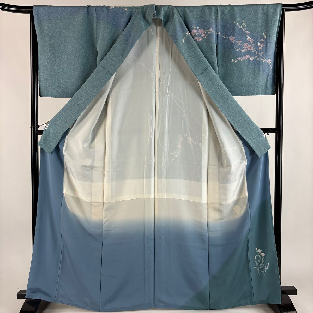【美品】訪問服 身長164cm 袖長66cm M 雙層 關口遼一 落款 童 櫻花 漸層 青灰色 純蠶絲 優品級