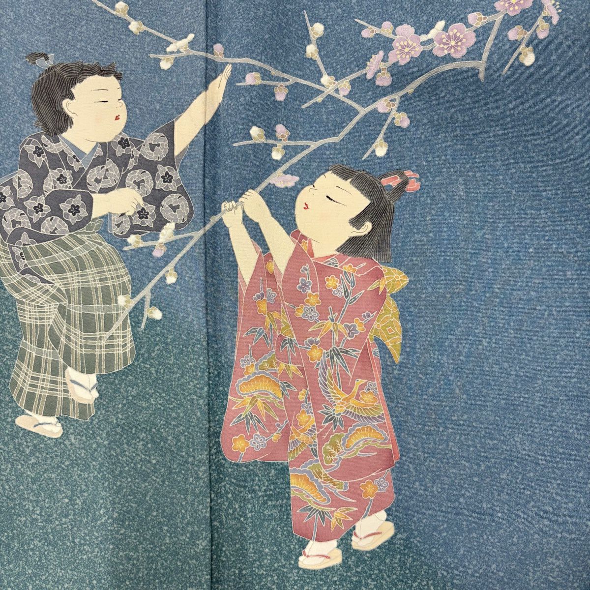 【美品】訪問服 身長164cm 袖長66cm M 雙層 關口遼一 落款 童 櫻花 漸層 青灰色 純蠶絲 優品級