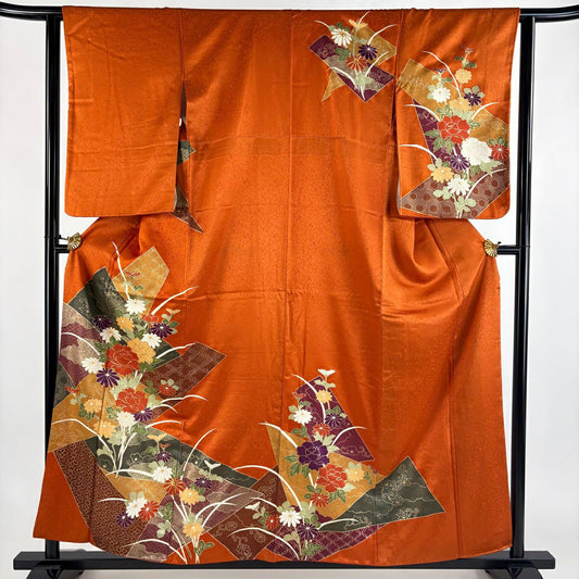 訪問服 身長158cm 袖長63cm S 雙層 牡丹 菊花 金絲 金銀彩 橙色 純蠶絲 優品級