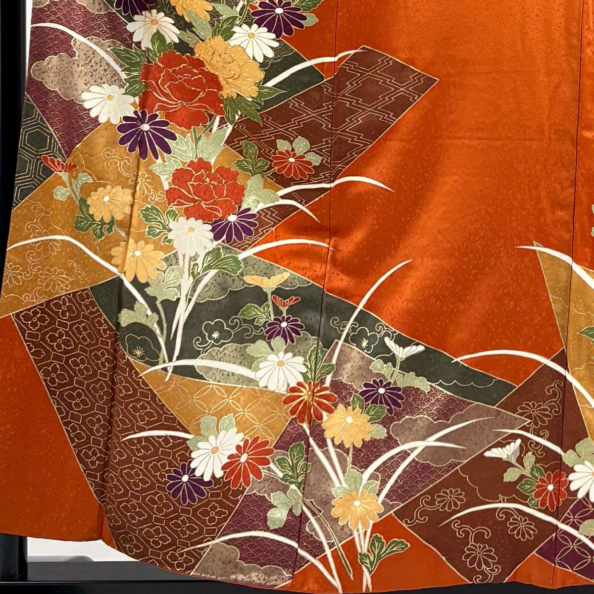 訪問服 身長158cm 袖長63cm S 雙層 牡丹 菊花 金絲 金銀彩 橙色 純蠶絲 優品級