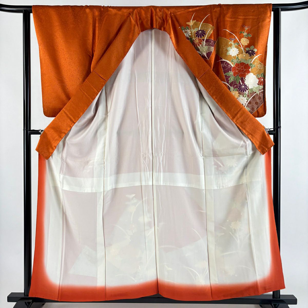 訪問服 身長158cm 袖長63cm S 雙層 牡丹 菊花 金絲 金銀彩 橙色 純蠶絲 優品級