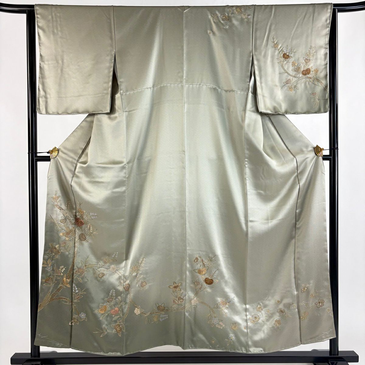 【美品】訪問服 身長155cm 袖長64cm M 雙層 橘 草花紋 金糸 刺繡 灰綠 純蠶絲 秀品級