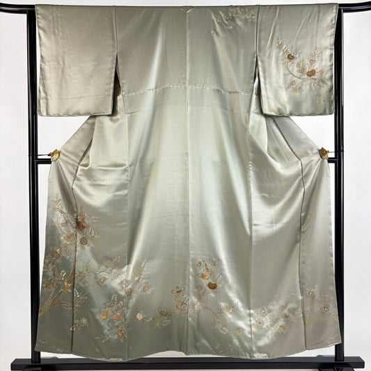 【美品】訪問服 身長155cm 袖長64cm M 雙層 橘 草花紋 金糸 刺繡 灰綠 純蠶絲 秀品級