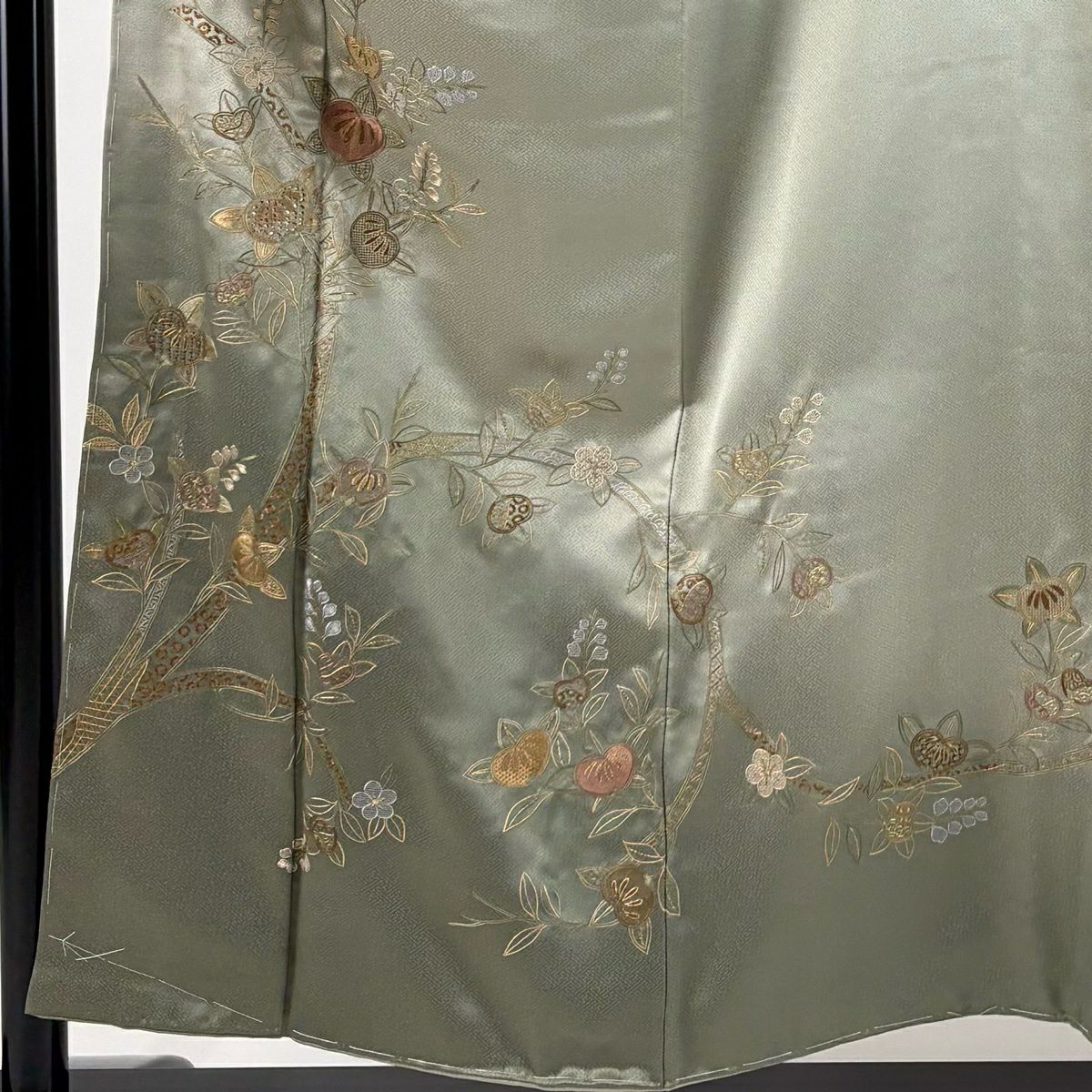 【美品】訪問服 身長155cm 袖長64cm M 雙層 橘 草花紋 金糸 刺繡 灰綠 純蠶絲 秀品級