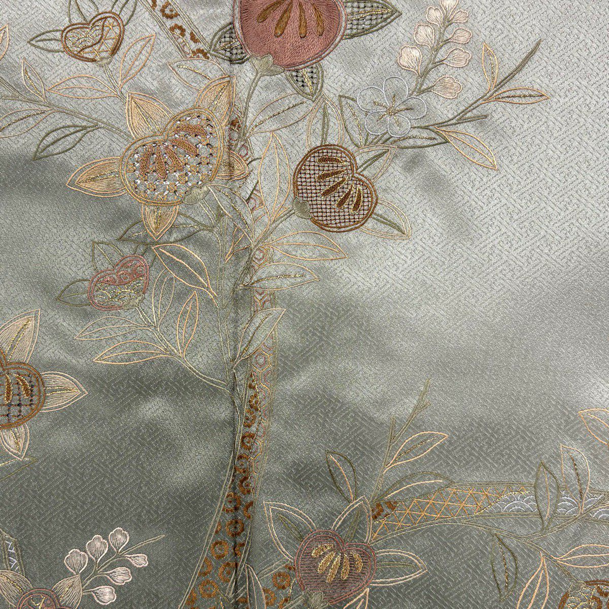 【美品】訪問服 身長155cm 袖長64cm M 雙層 橘 草花紋 金糸 刺繡 灰綠 純蠶絲 秀品級
